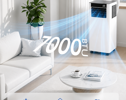 Climatiseur Mobile 7000 BTU (+ 20m²) 3-en-1 Écoénergétique Climatiseur Portable, Kit Fenêtre Inclus, Contrôle Via Appli Télécommande, Silencieux 48 dB, Minuterie 24 H, Idéal Pour Pièces Jusqu’à 20 m²