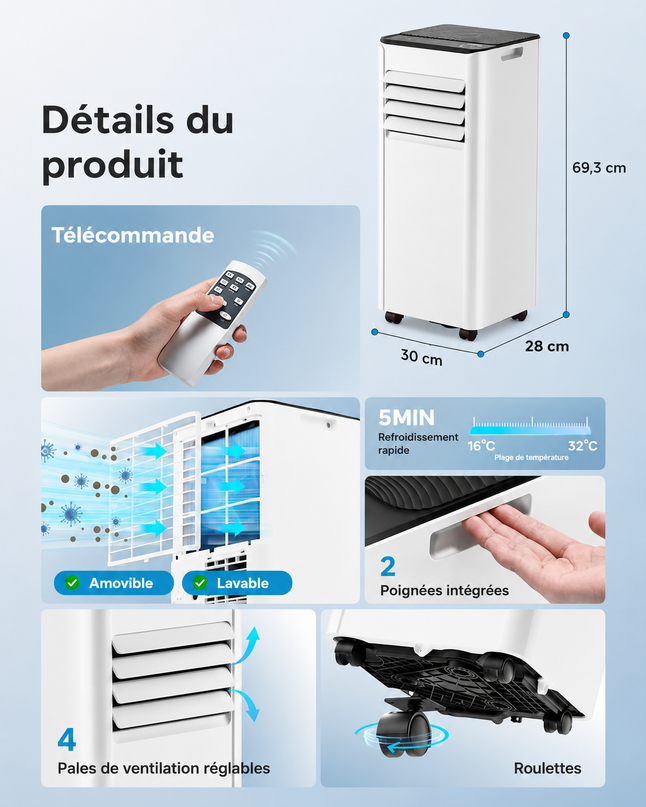 Climatiseur mobile 9000 BTU (+30m²) 2,6 kW (avec télécommande), climatiseur portable quatre en un, fonctionnement silencieux, écran LED, minuterie 24 heures