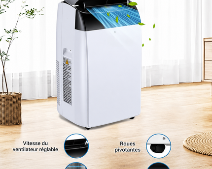 Climatiseur portable 3 en 1 - 10000 BTU (+40m²) – Silencieux - Refroidissement, déshumidification 30 L jour, ventilateur 2 vitesses – minuterie 24 h, affichage numérique