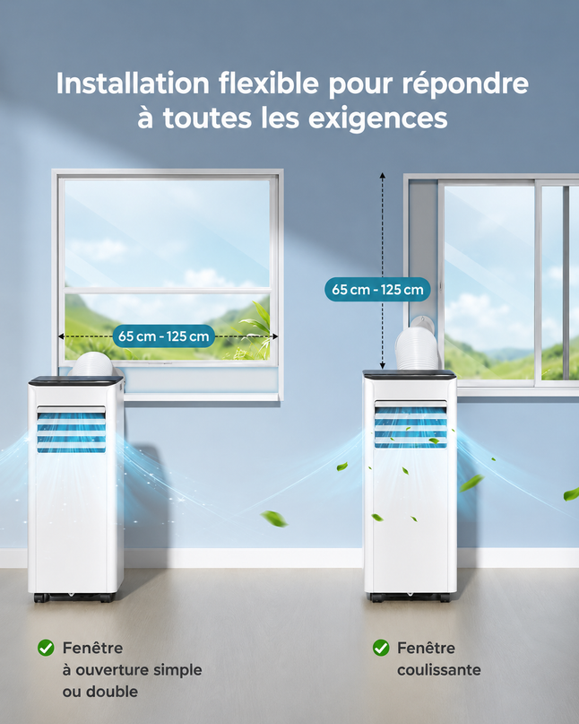Climatiseur mobile 9000 BTU (+30m²) 2,6 kW (avec télécommande), climatiseur portable quatre en un, fonctionnement silencieux, écran LED, minuterie 24 heures