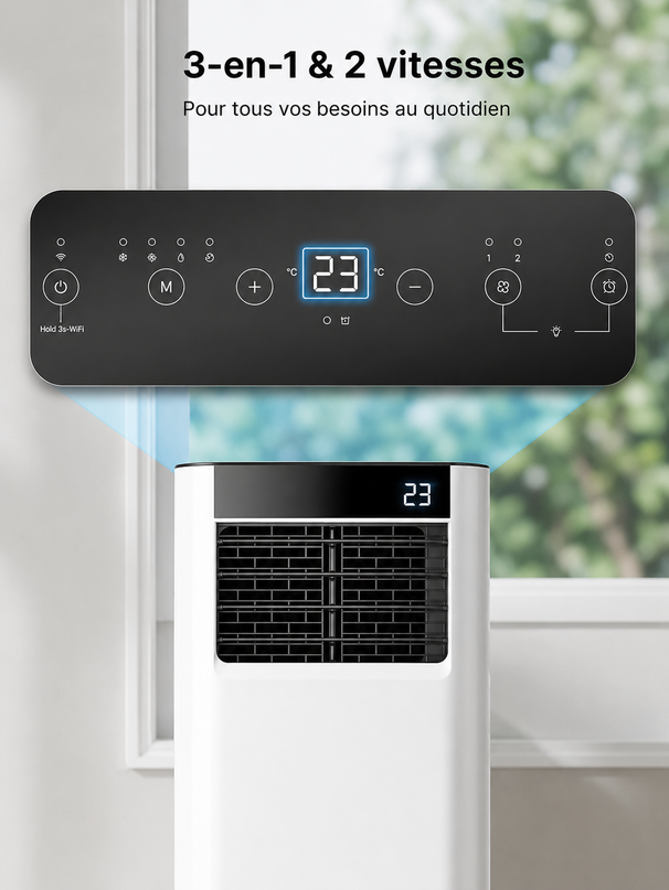 Climatiseur Mobile 7000 BTU (+ 20m²) 3-en-1 Écoénergétique Climatiseur Portable, Kit Fenêtre Inclus, Contrôle Via Appli Télécommande, Silencieux 48 dB, Minuterie 24 H, Idéal Pour Pièces Jusqu’à 20 m²