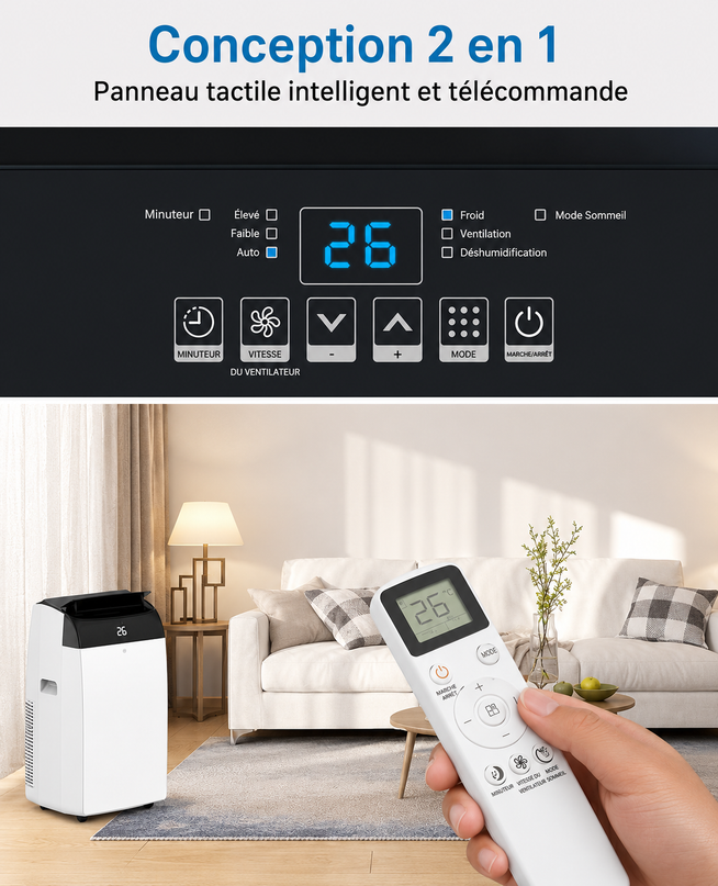 Climatiseur portable 3 en 1 - 10000 BTU (+40m²) – Silencieux - Refroidissement, déshumidification 30 L jour, ventilateur 2 vitesses – minuterie 24 h, affichage numérique
